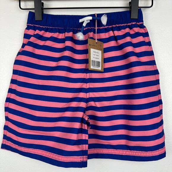 NWT Mini Boden Boys Adjustable Drawstring Navy/Pink Swimsuit Trunks Shorts 7-8Y - Picture 1 of 6